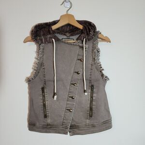 BKE Womens Asymmetrical Sleeveless Jacket Size S Gray Vest Detachable Hood